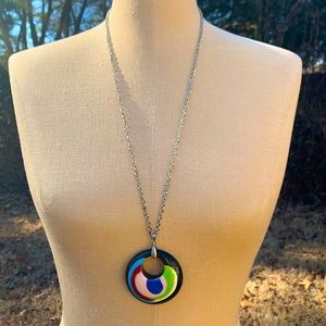Vintage Mod Pendant Circle Rainbow Swirl Necklace
